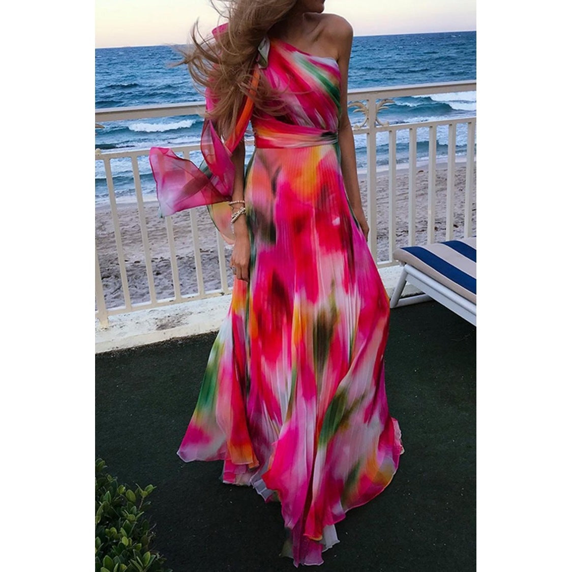 Printed Pleat And Waisted Dress