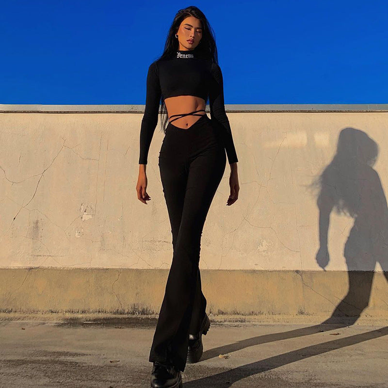 V-waist Cropped Crisscross Strap Flared Pants