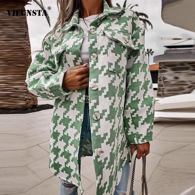 Loose-fitting Long Sleeves Houndstooth Woolen Coat
