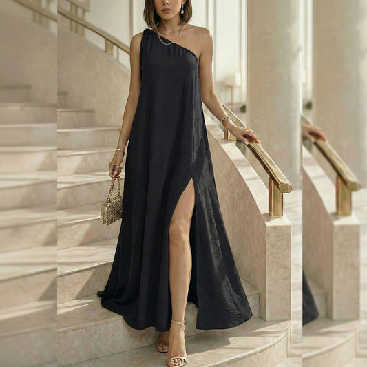 Single-Shoulder Multi-Colored Slit Maxi Dress Resort-Style Long Skirt