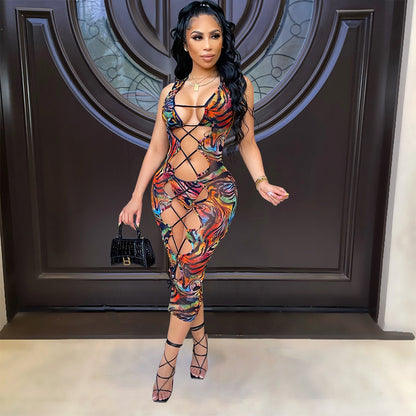Sexy Mesh Floral Print Hollow Dress