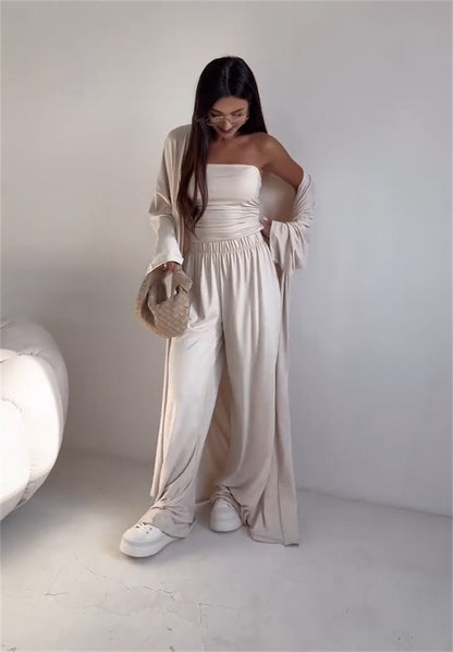 Casual Loose Cardigan Straight-leg Pants Tube Top Suit