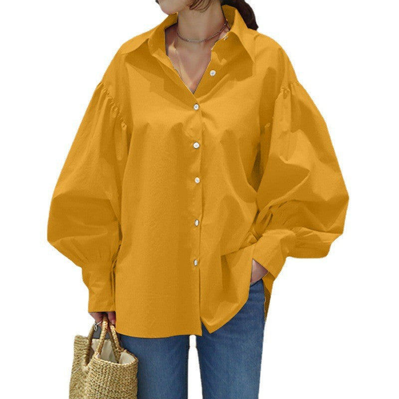 Women's Casual Shirt Lantern Sleeve Lapel Top