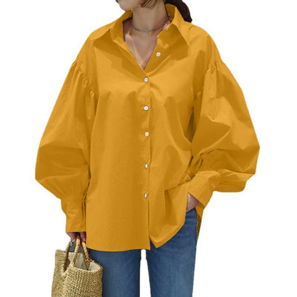 Women's Casual Shirt Lantern Sleeve Lapel Top