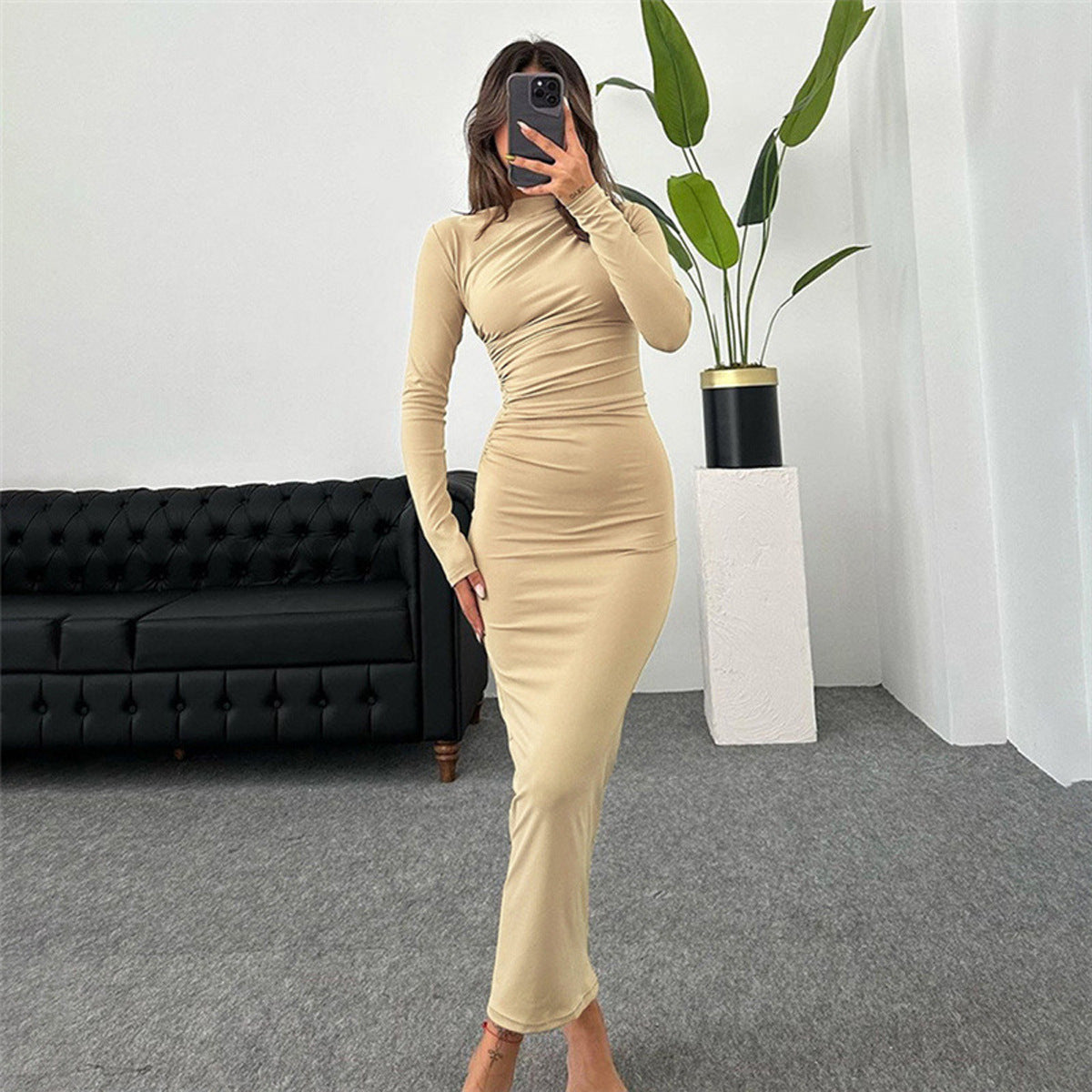 Slim-fit High-grade Pure Color Temperament Long Sheath Dress