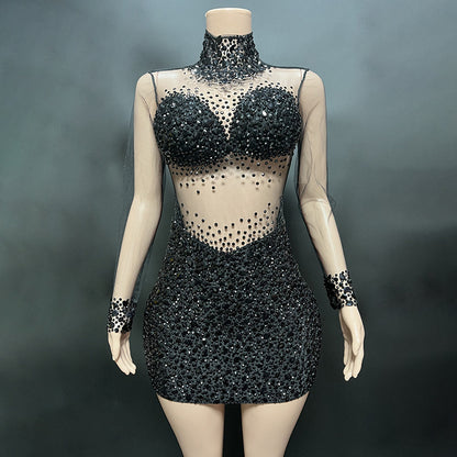 Perspective Gauze Collar Zipper Style Slim Short Dress