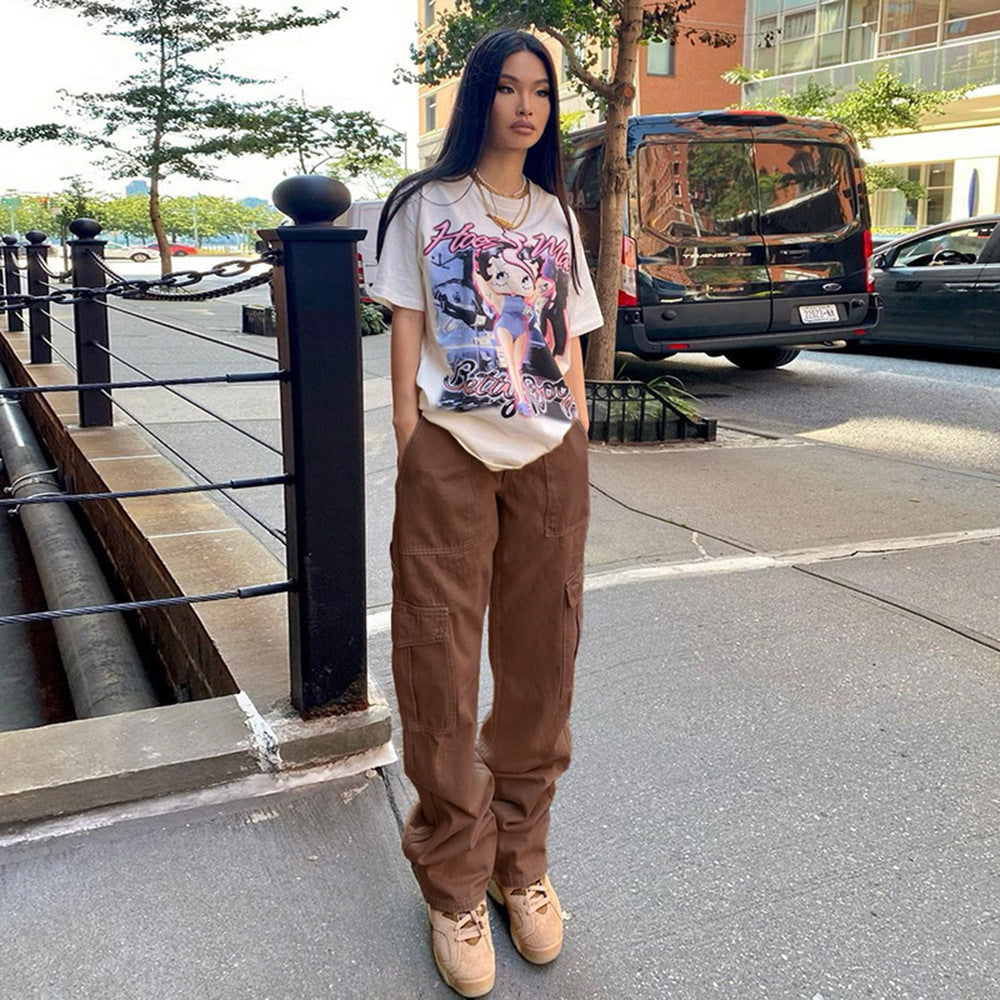 Stylish Multi-pocket Workwear Straight-leg Trousers High Waist Jeans