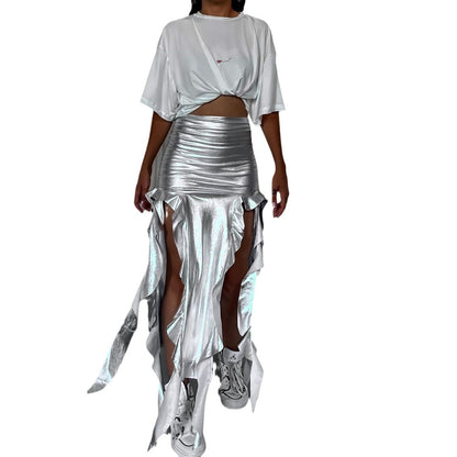 Ribbon Tassel Reflective PU Fishtail Skirt Micro Elastic Irregular