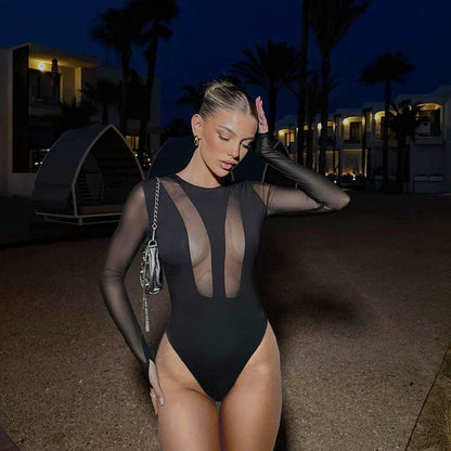 Solid Color Sheer Mesh Slim Fit Patchwork Long Sleeve Jumpsuit Top New