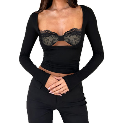 Lace-Panel Fake Two-Piece Hollow-out Long-Sleeve Top