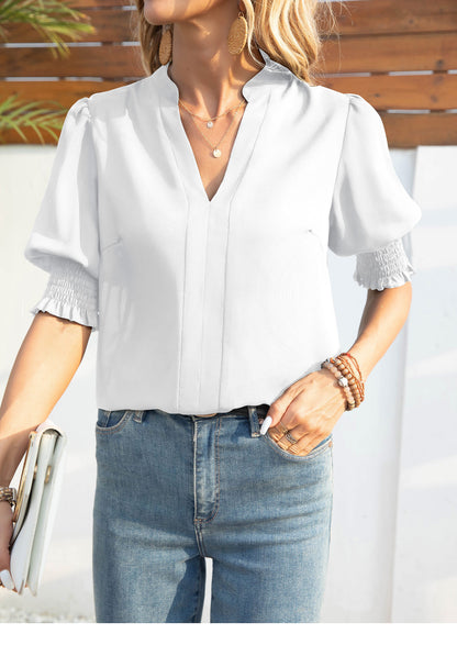 Solid Color Shirt  V-neck Chiffon Shirt