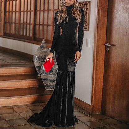 Women's Fashion Pure Black Dress Trailing Dress