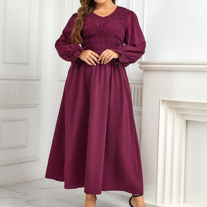 Round Neck Puff Sleeve A- Line Style Pleated Waist Tight Slimming Dress