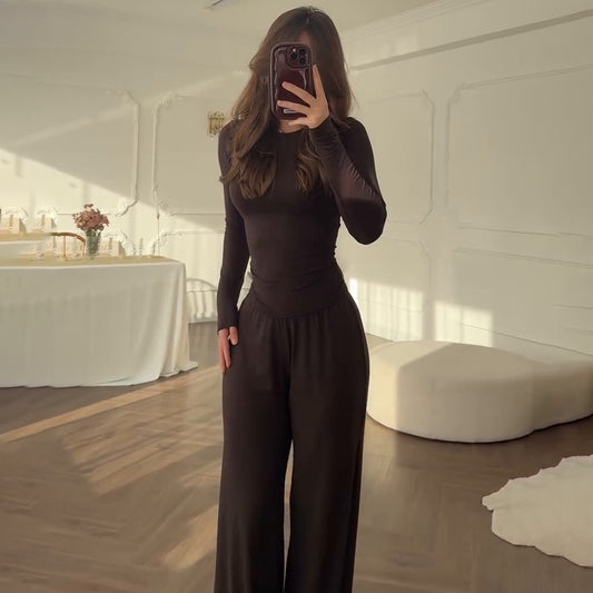 Women's Round Neck Solid Color Wide Leg Pants Stylish Office Suit