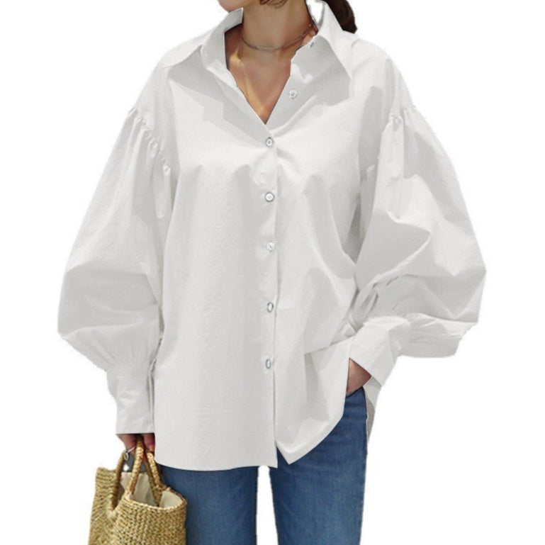 Women's Casual Shirt Lantern Sleeve Lapel Top