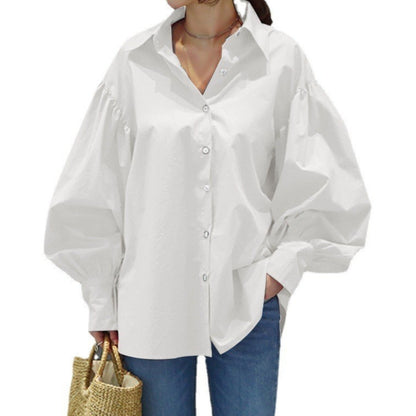 Women's Casual Shirt Lantern Sleeve Lapel Top