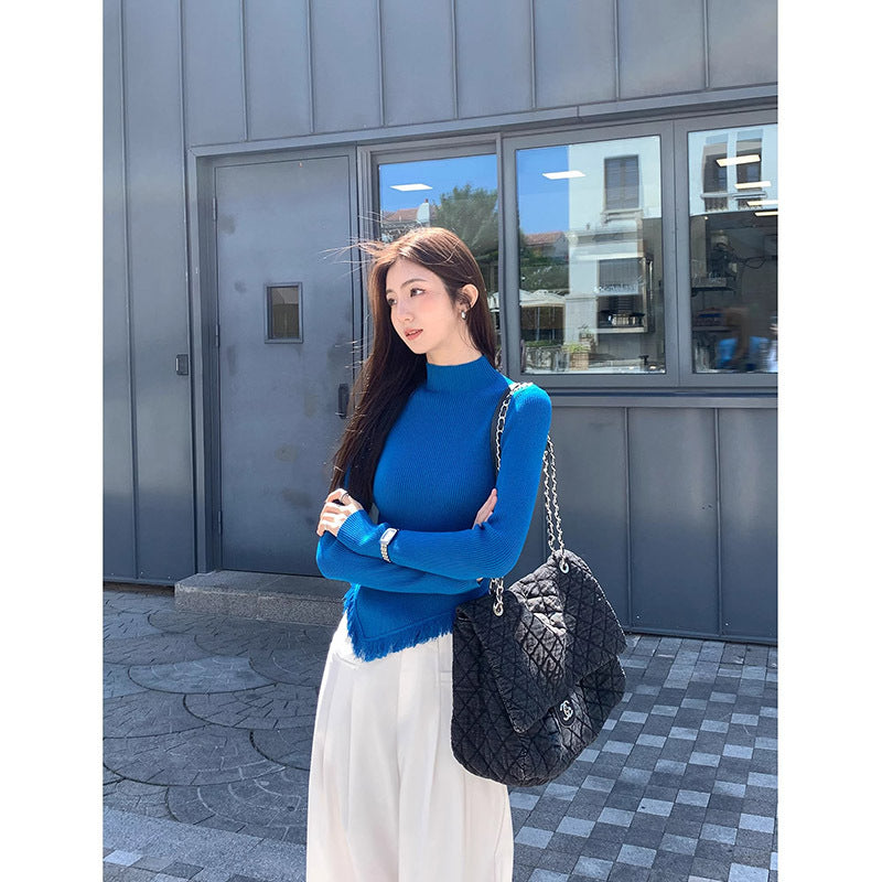 Women's Solid Color Semi High Neck Tassel Knit Base Sweater