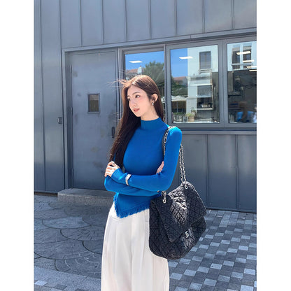 Women's Solid Color Semi High Neck Tassel Knit Base Sweater