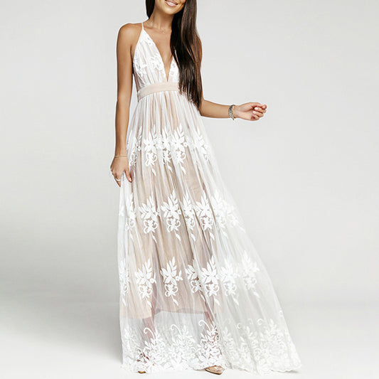 Sling Deep V Mesh Embroidered Dress