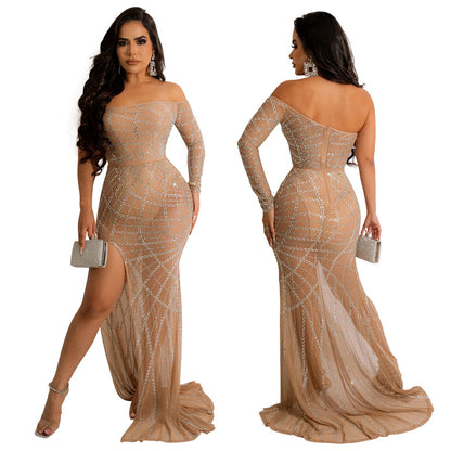 Sexy Off-the-shoulder See-through Hot Drilling High Slit Dress