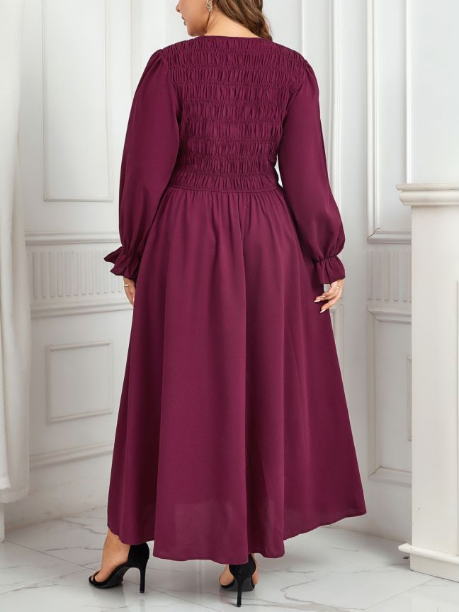 Round Neck Puff Sleeve A- Line Style Pleated Waist Tight Slimming Dress