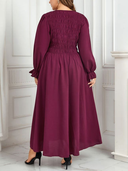Round Neck Puff Sleeve A- Line Style Pleated Waist Tight Slimming Dress