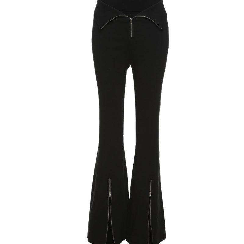 Designer Black V-shaped Flanging Zipper Bootcut  Slimming High Waist Slit Casual