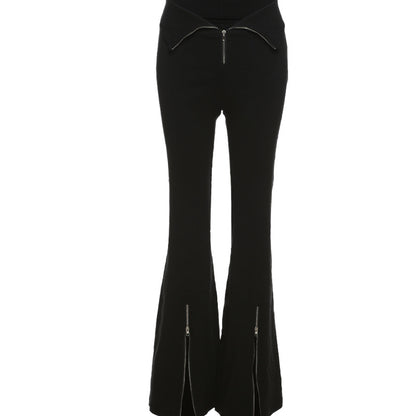 Designer Black V-shaped Flanging Zipper Bootcut  Slimming High Waist Slit Casual