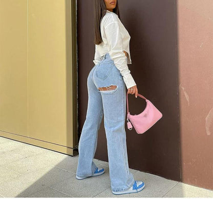 High Waist Stretch Ripped Hem Slit Denim