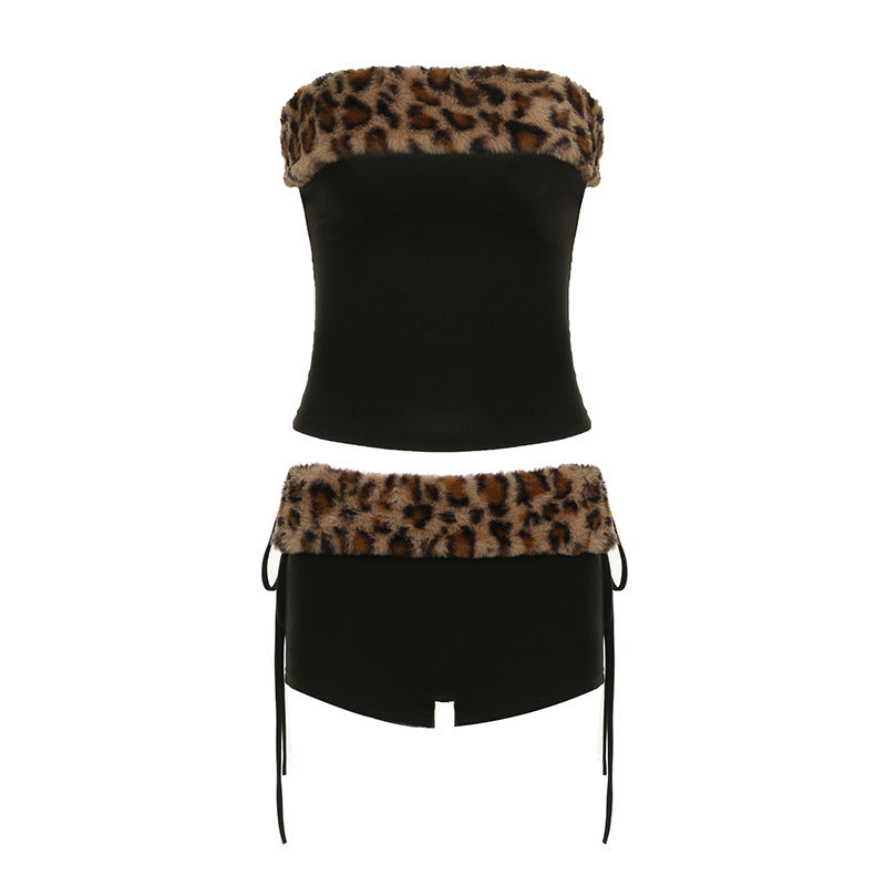 Leopard Print Stitching Tied Slim Fit Vest Shorts Two-piece Set