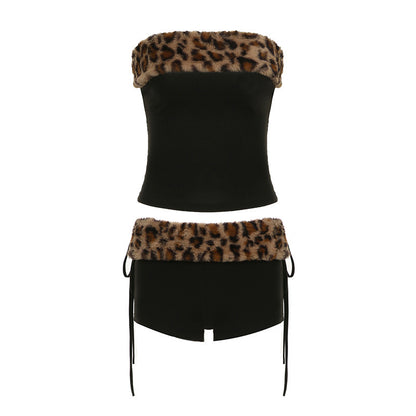 Leopard Print Stitching Tied Slim Fit Vest Shorts Two-piece Set
