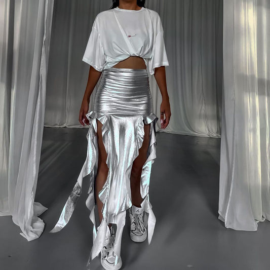 Ribbon Tassel Reflective PU Fishtail Skirt Micro Elastic Irregular