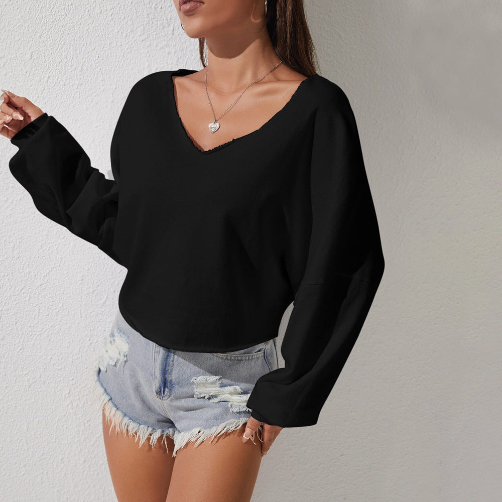Loose T-shirt Autumn And Winter V-neck Versatile Slim Off-shoulder Design Top