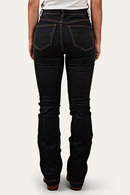 High-Rise Bootcut Jeans For Women, Tummy Control Dark Wash Denim With Double Button Waist, Durable Western Work & Riding Pants