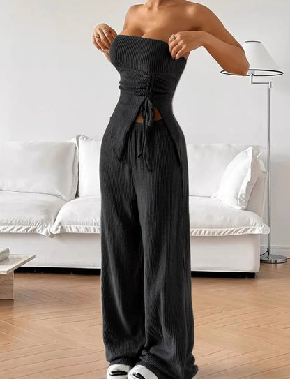 Sexy Chest Wrap Two-piece Set Slit Top Straight Trousers Pit Strip Set