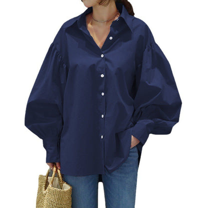 Women's Casual Shirt Lantern Sleeve Lapel Top