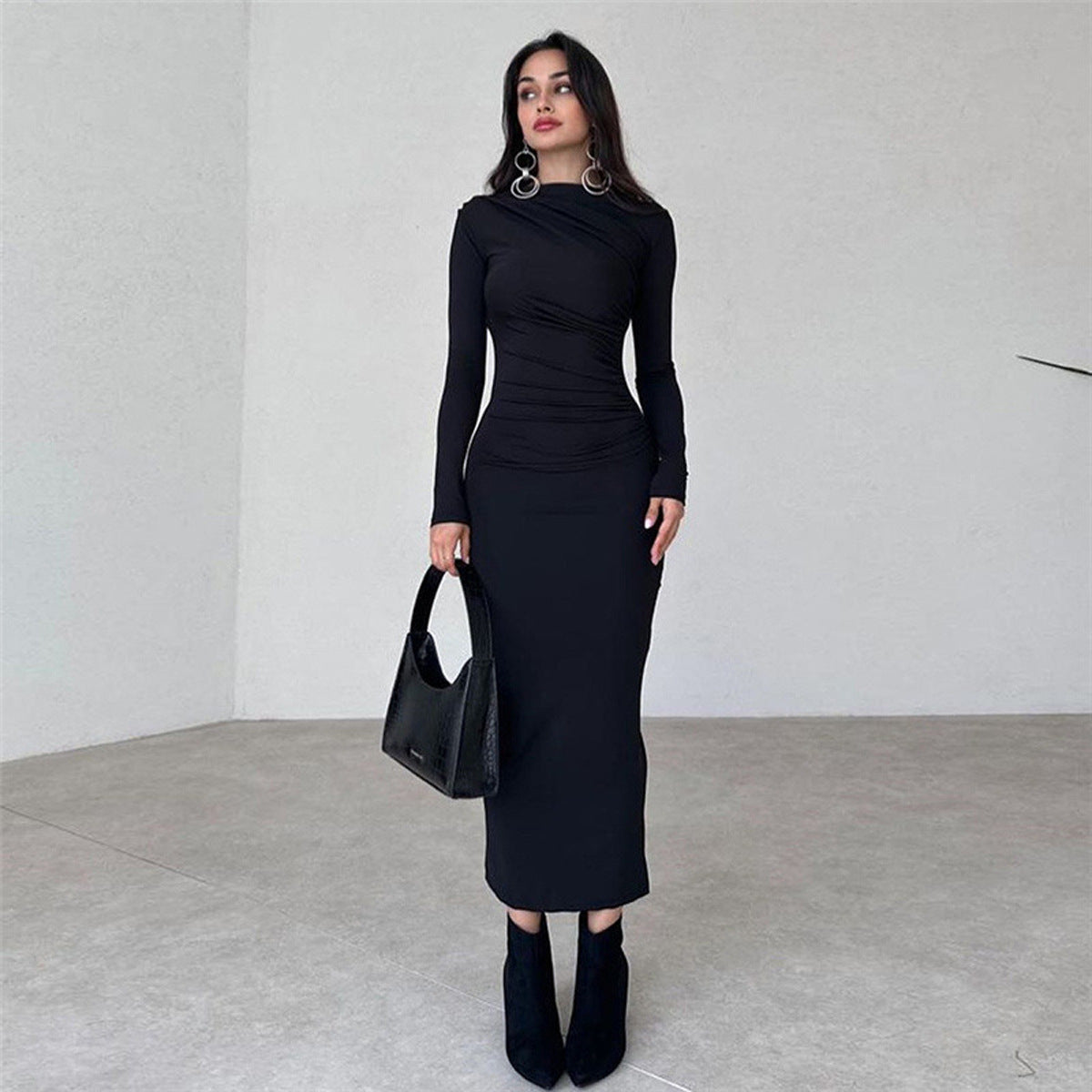 Slim-fit High-grade Pure Color Temperament Long Sheath Dress