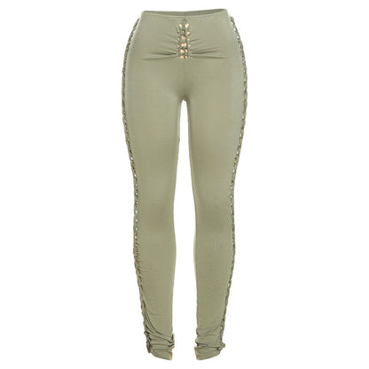Solid Color Hollow Skinny  Casual Pants