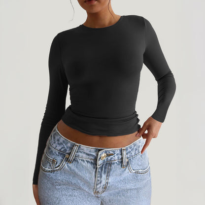 Chic Slim-fit Long-sleeve Solid-color Base T-shirt