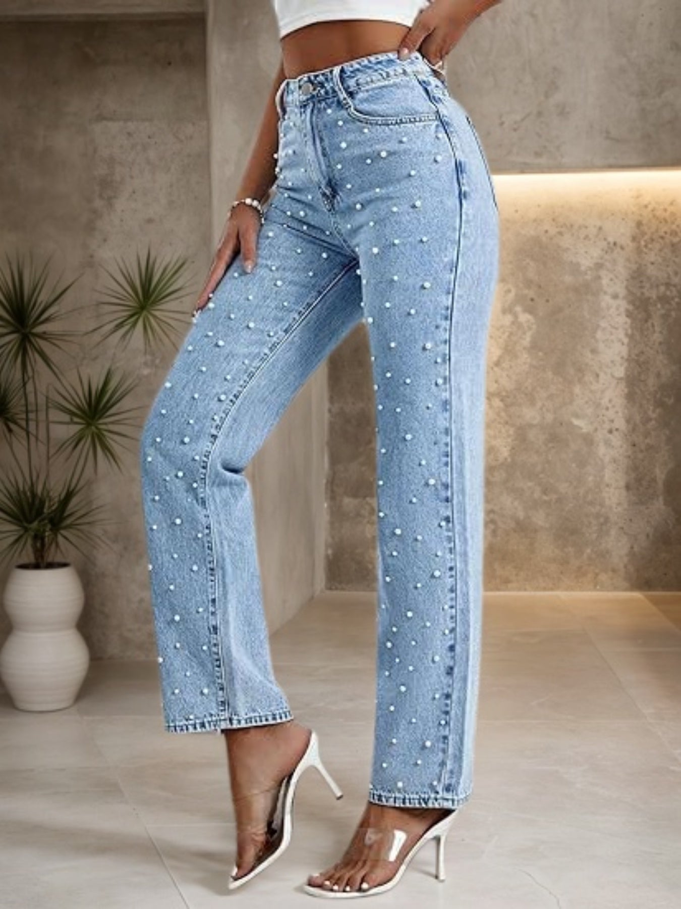Straight Leg Denim Pants, With Sturdy Nail Bead Decoration