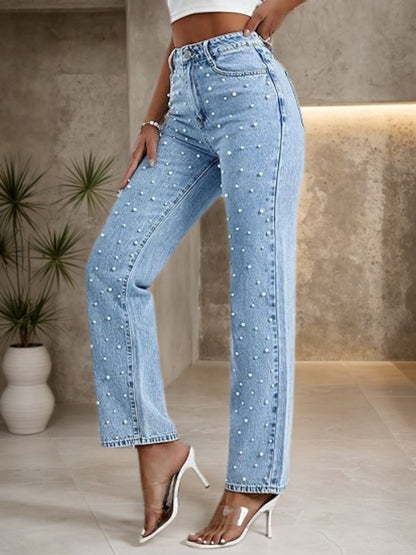 Straight Leg Denim Pants, With Sturdy Nail Bead Decoration
