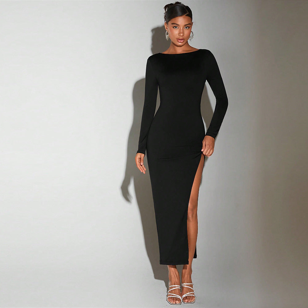 Sexy Dress For Socialites Autumnwinter Round Neck Open Back Design Midi
