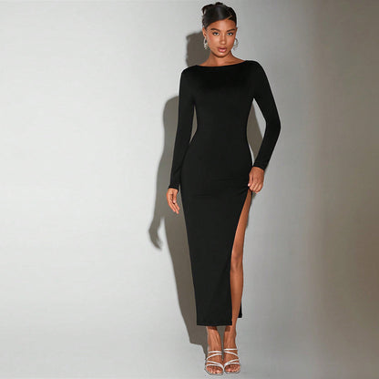 Sexy Dress For Socialites Autumnwinter Round Neck Open Back Design Midi