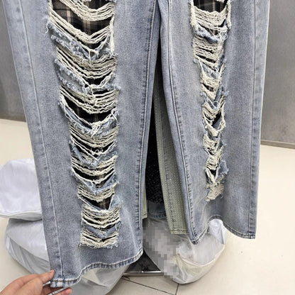 Blue With Holes Design Straight Jeans