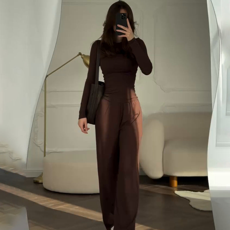 Women's Round Neck Solid Color Wide Leg Pants Stylish Office Suit