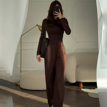 Women's Round Neck Solid Color Wide Leg Pants Stylish Office Suit