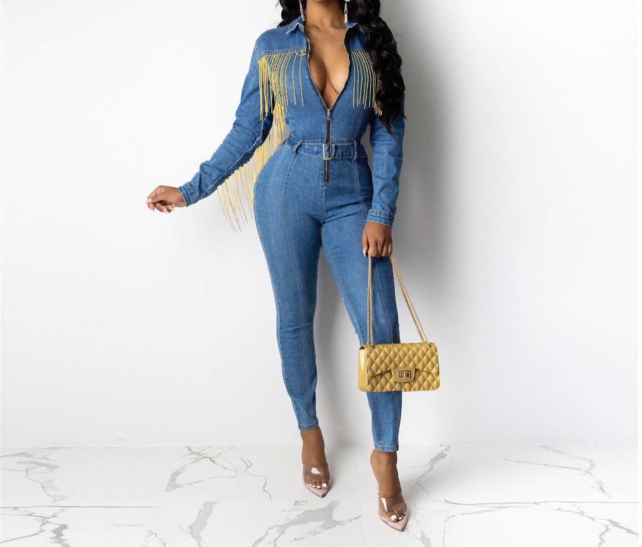 Fringed denim jumpsuit