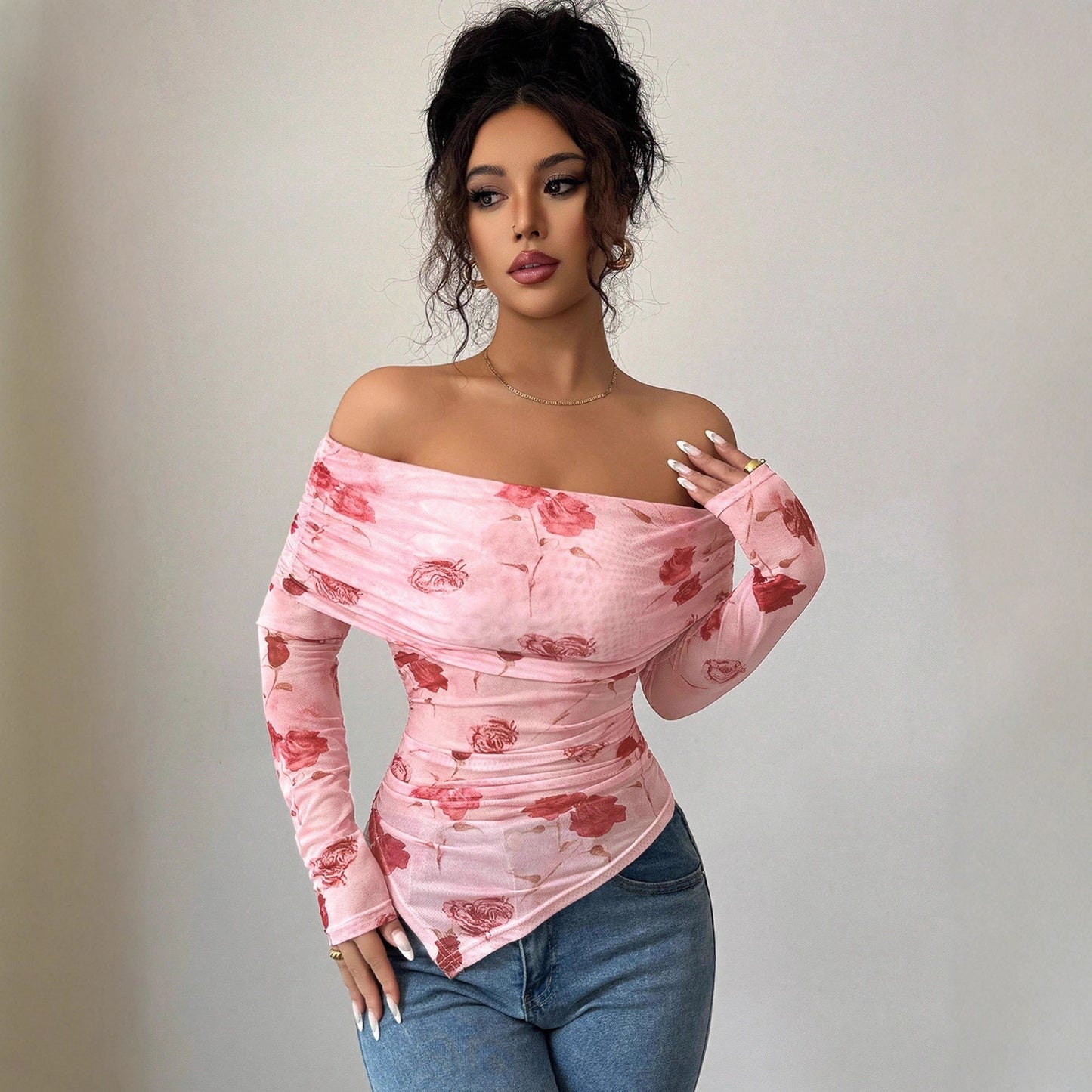 One-shoulder Slim Fit Slimming Ruffled Hem Irregular Versatile Printed Top