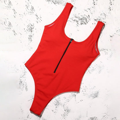 Solid color zipper stitching sexy swimsuit