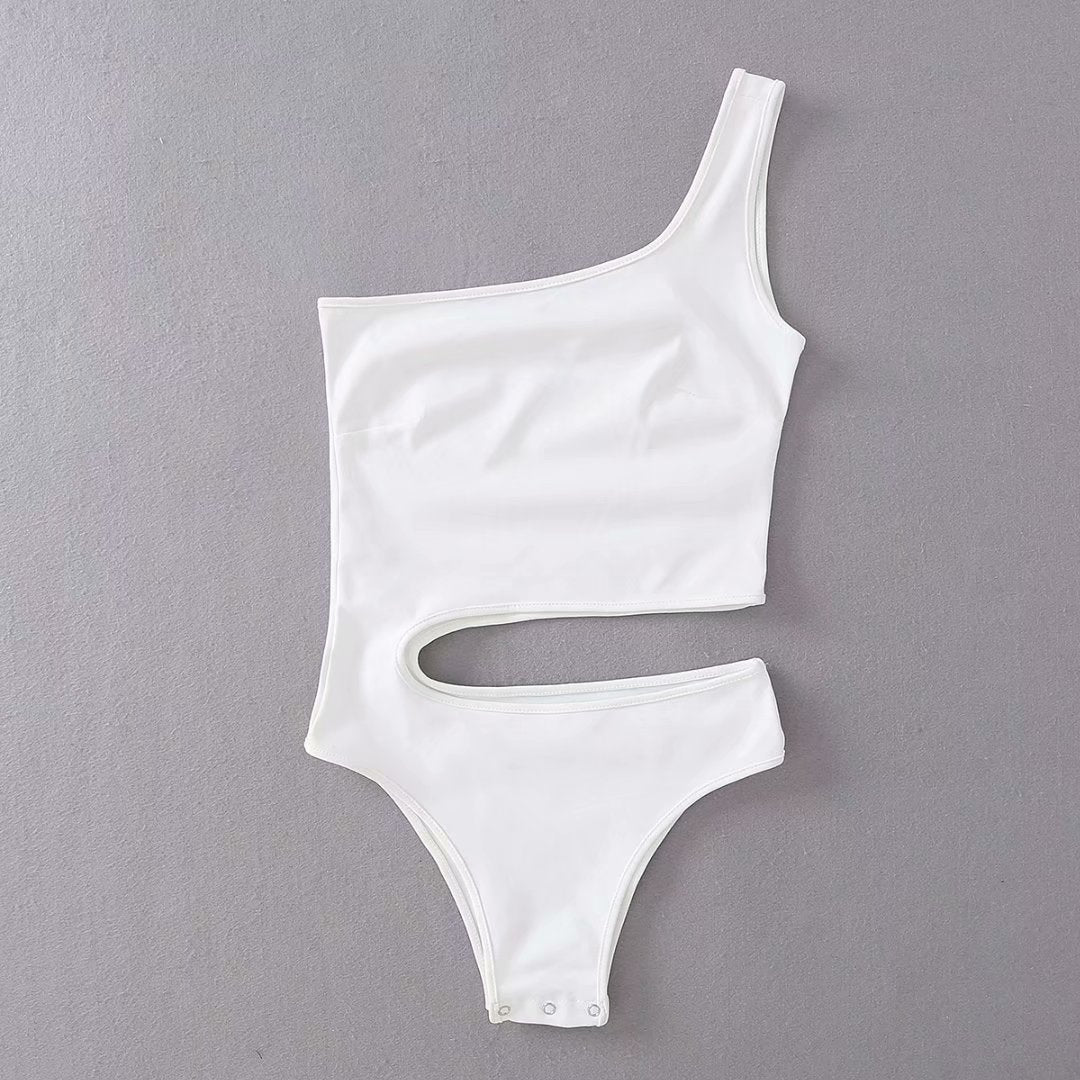 Irregular Cropped Navel Show Back Sleeveless One Shoulder Piece Swimsuit